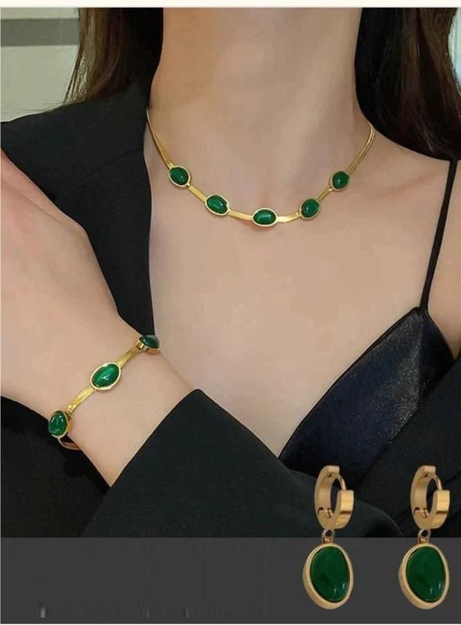 Oval Green Crystal Pendant Necklace Set With Bracelet 1pas00-1a